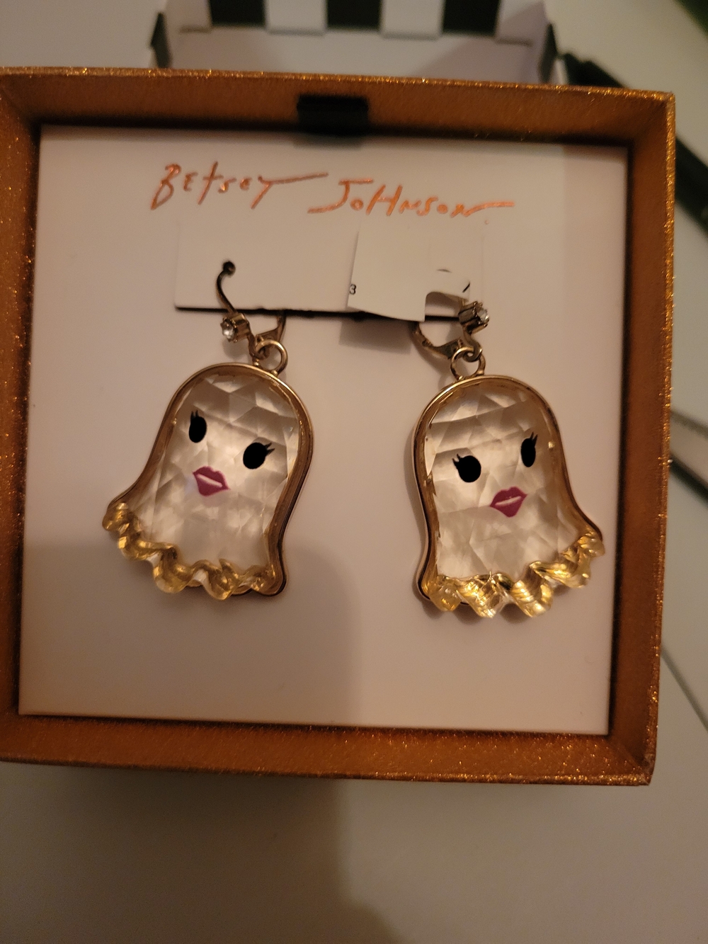 Betsey Johnson Gold-Tone Mother-of-Pearl Ghost Earrings with Pink Lips